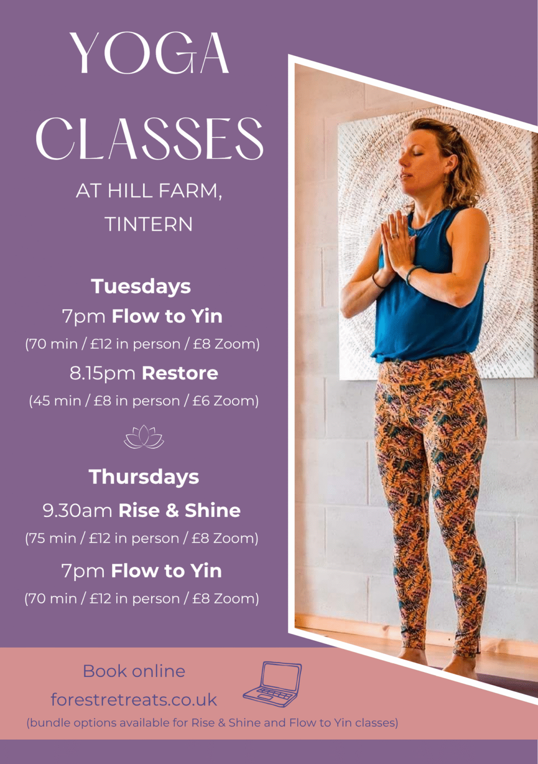 Poster showing yoga classes at hill farm tintern.